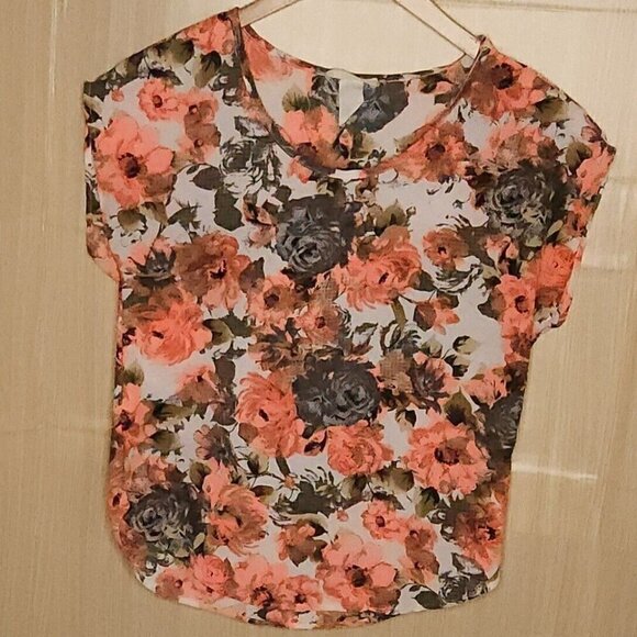 Poetry Clothing Orange Cream Floral Silky Short Sleeve Blouse Small - Picture 1 of 5